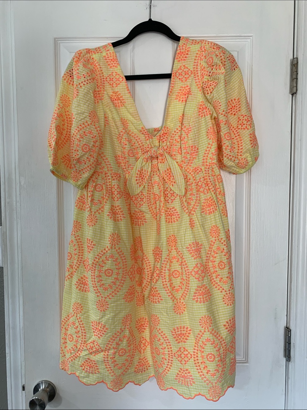 Yellow & Coral Tie-Front Embroidered Mini Dress